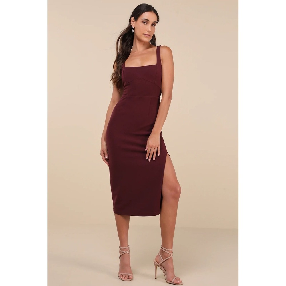 Lulus NWT Vibrant Allure Plum Square Neck Sleeveless Bodycon Midi Dress - Medium